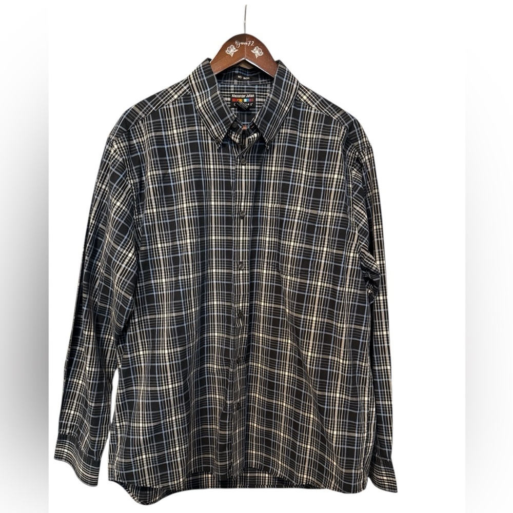 Alexander Julian‎ Button Up No Iron Men's Shirt Sz XL Black Blue Plaid Preppy